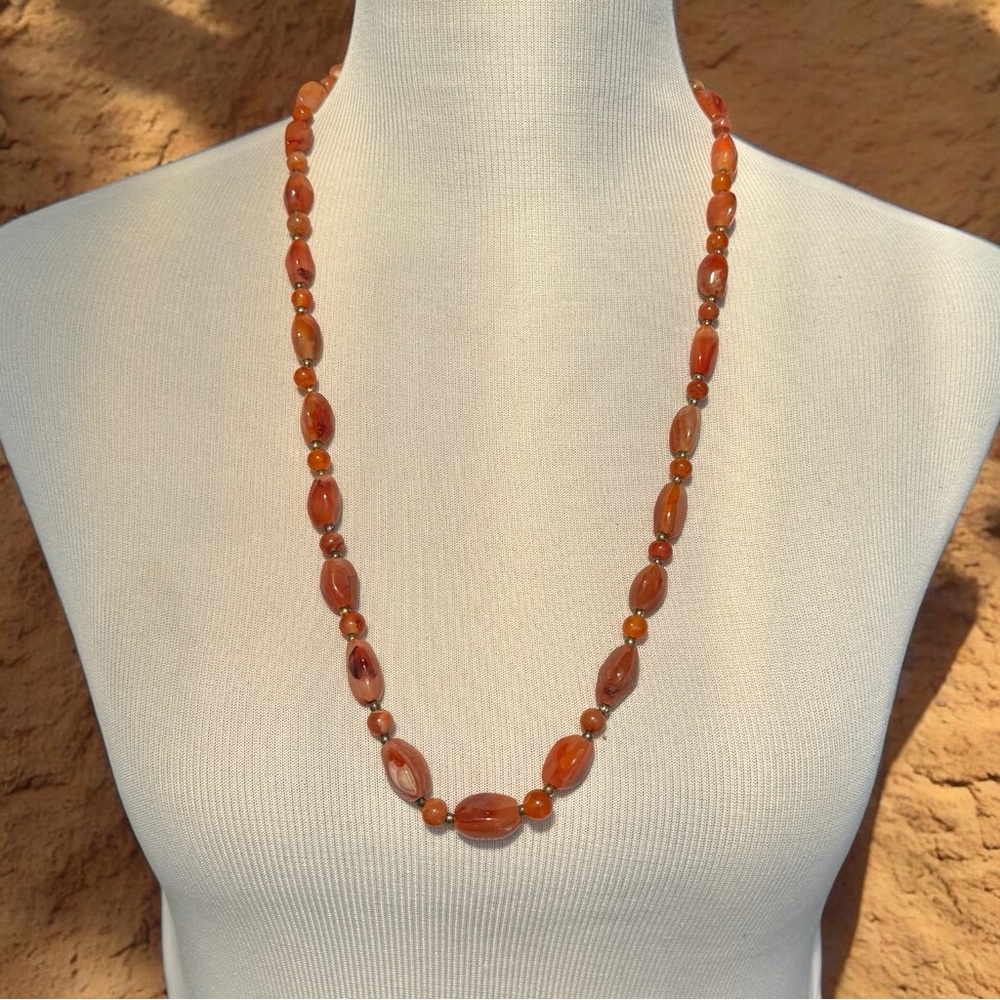 Vintage Carnelian Beaded Necklace – 28” Brass Spacer Beads ~ 70g
